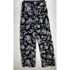 H&M Viscose Women Size 6 Elastic Tie Waist Loose  Pull On Pants Blue Floral